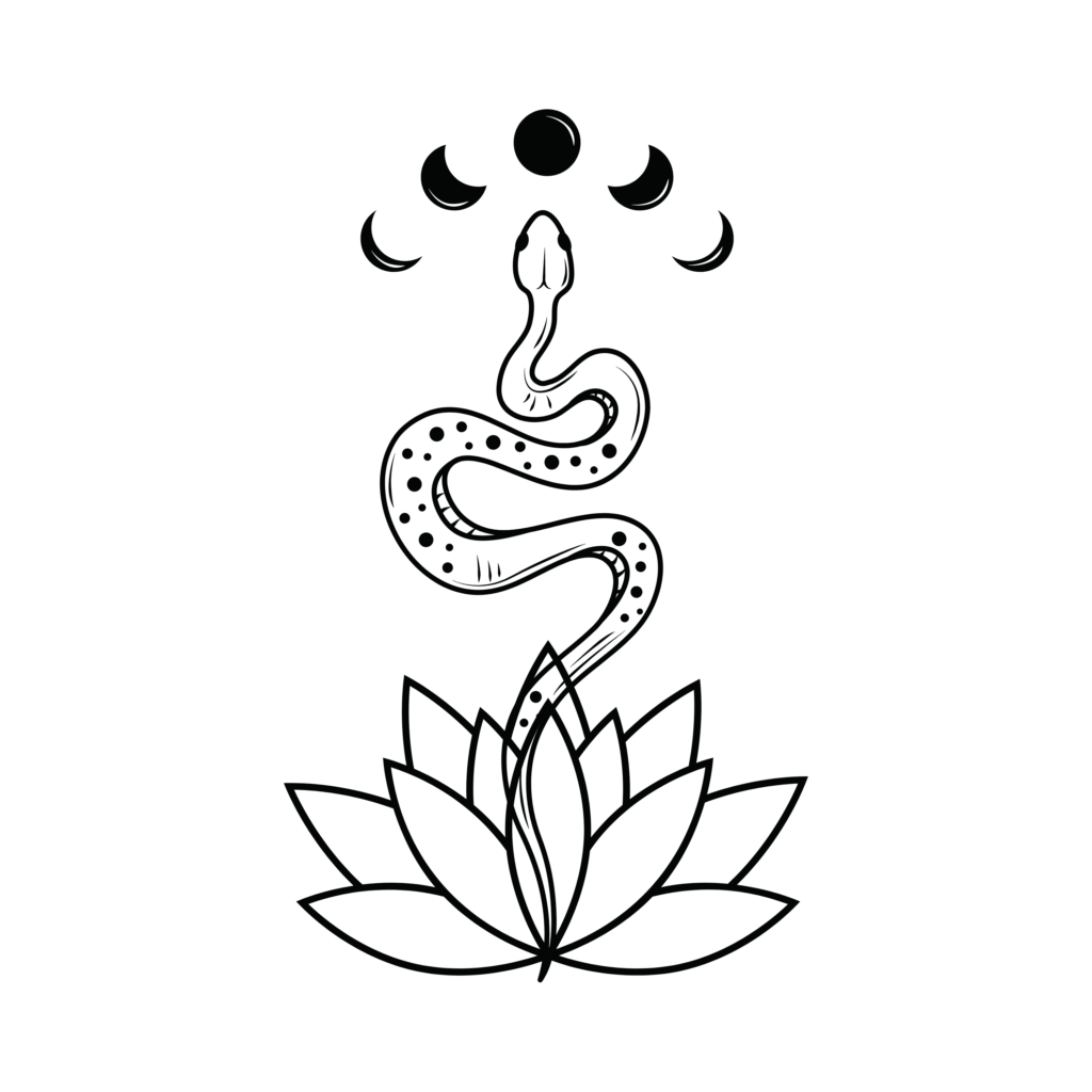 Kundalini Yoga symbols, moon, uncoiling snake, lotus flower